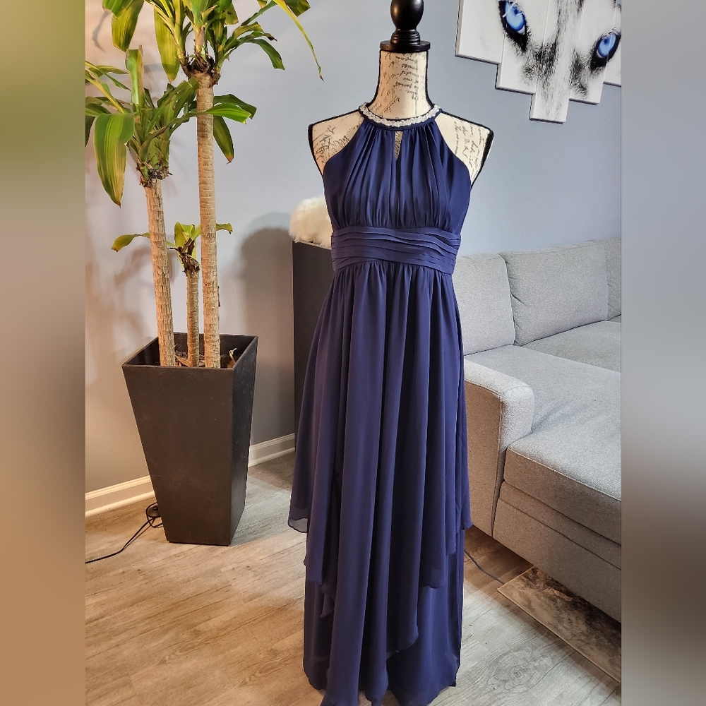 IEFIEL Navy Blue Dress, Embelished Neck, Sleeveless, Mesh Top, Maxi, Size S